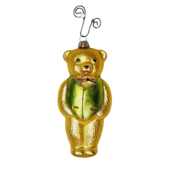 Whitehurst Mercury Glass Hand Painted Teddy Bear Green Vest Christmas Ornament - Picture 1 of 9